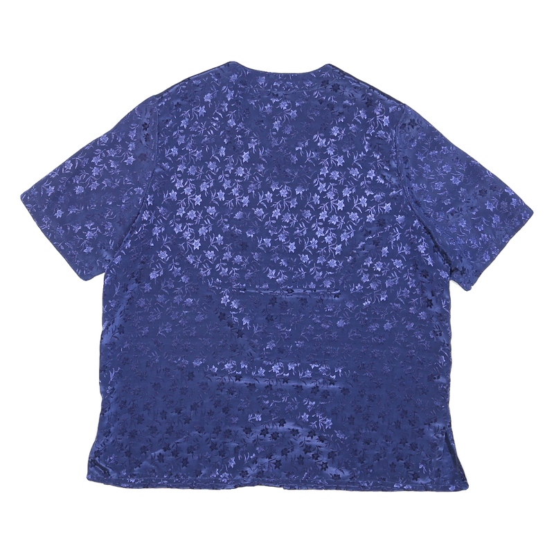Womens Blue Silk Printed Top Short Sleeve V-Neck UK 14 Button Front Elegant