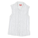 TEDDY'S Womens White Striped Sleeveless Shirt Button Neck S Cotton Blend Top