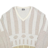 MONTE CARLO Mens Beige & Cream Patterned Jumper V-Neck Basic Knit L Cotton Blend