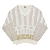 MONTE CARLO Mens Beige & Cream Patterned Jumper V-Neck Basic Knit L Cotton Blend