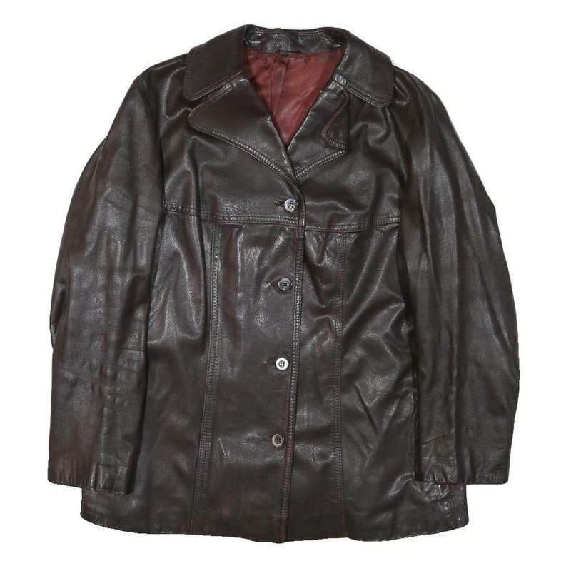 MOKIBA Womens Brown Leather Jacket L Button Closure Classic Fit Plain