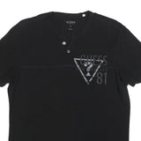 GUESS Mens Black Graphic T-Shirt L Short Sleeve Henley Neck Cotton Blend