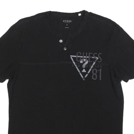 GUESS Mens Black Graphic T-Shirt L Short Sleeve Henley Neck Cotton Blend