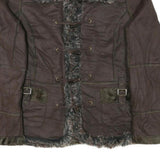 POWDER RIVER Womens Brown Suede Button Jacket L Woven Faux Fur Collar Pocket