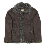 POWDER RIVER Womens Brown Suede Button Jacket L Woven Faux Fur Collar Pocket