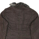POWDER RIVER Womens Brown Suede Button Jacket L Woven Faux Fur Collar Pocket