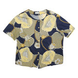 PAUL MAUSNER Womens Navy & Yellow Printed Blouse Short Sleeve Button Neck M