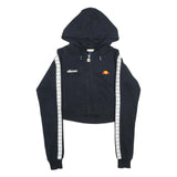 ELLESSE Womens Black White Logo Tape Full Zip Hoodie UK 6 Cropped Cotton Blend
