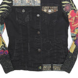 DESIGUAL Womens Black Cotton Blend Button Denim Jacket XS Floral Sleeves