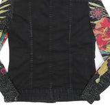 DESIGUAL Womens Black Cotton Blend Button Denim Jacket XS Floral Sleeves