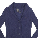 HILFIGER DENIM Womens Blue Patterned Cardigan Cable Knit Shawl Collar S Wool