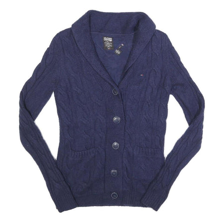 HILFIGER DENIM Womens Blue Patterned Cardigan Cable Knit Shawl Collar S Wool