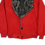 Womens Red Leather Button Jacket L Faux Fur Collar Quilted Lining Warm