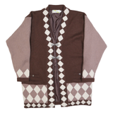 WOANS Womens Brown & Pink Diamond Patterned Cardigan Button Neck Chunky Knit L