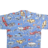 ISLAND COLLECTION Mens Blue Vintage Car Print Rayon Shirt S Summer Casual