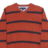 TOMMY HILFIGER Mens Rust & Navy Striped Patterned Cotton Blend Jumper V Neck