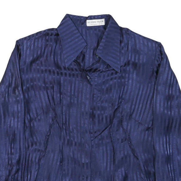 HUONG TRAM Womens Blue Printed Shirt Long Sleeve Collared Size S Rayon Satin