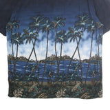 ISLAND SHORES Mens Blue Cotton XL Hawaiian Shirt Palm Trees Beach Print