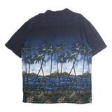 ISLAND SHORES Mens Blue Cotton XL Hawaiian Shirt Palm Trees Beach Print