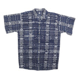 Womens Blue White Printed Cotton Blend Shirt Short Sleeve Collared S Casual