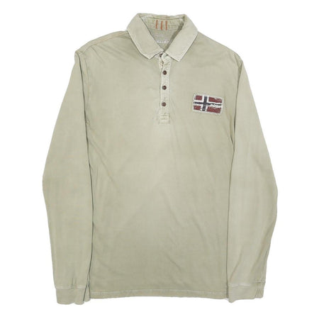 NAPAPIJRI Mens Beige Polo Shirt S Long Sleeve Plain Cotton Blend Casual Top