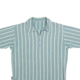 Mens Blue & Cream Striped Short Sleeve Polo Shirt L Cotton Blend Zip Collar