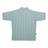 Mens Blue & Cream Striped Short Sleeve Polo Shirt L Cotton Blend Zip Collar
