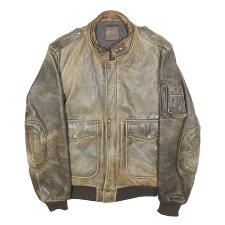 IXS Mens Brown Leather Bomber Jacket S Woven Classic Zip Pocketed