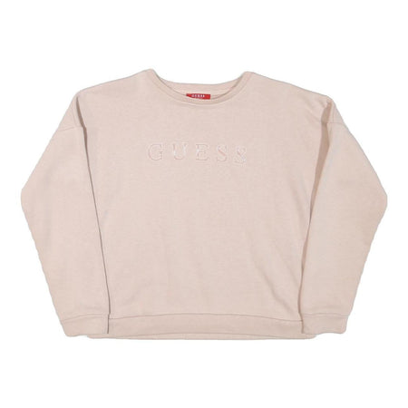 GUESS Womens Cream Sweatshirt Crew Neck S Embroidered Logo Casual Pullover