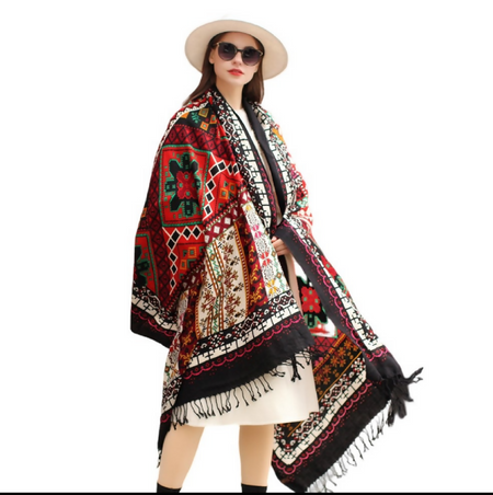 Anyyou 100% Pure Merino Wool Poncho Scarf for Women – Red Stained Pattern Oversized Winter Pashmina Shawl Wrap