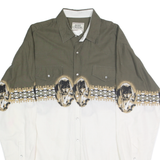 ASH CREEK TRADING Mens Green & White Wolf Graphic Cotton Shirt L Long Sleeve