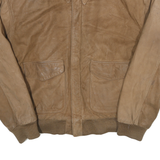 GLOBAL IDENTITY Womens Brown Leather Bomber Jacket L Zip Plain Stylish