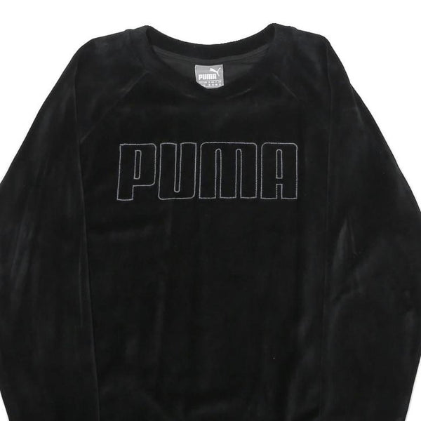 PUMA Womens Black Velvet Crew Neck UK 12 Sweatshirt Pullover Logo Embroidered