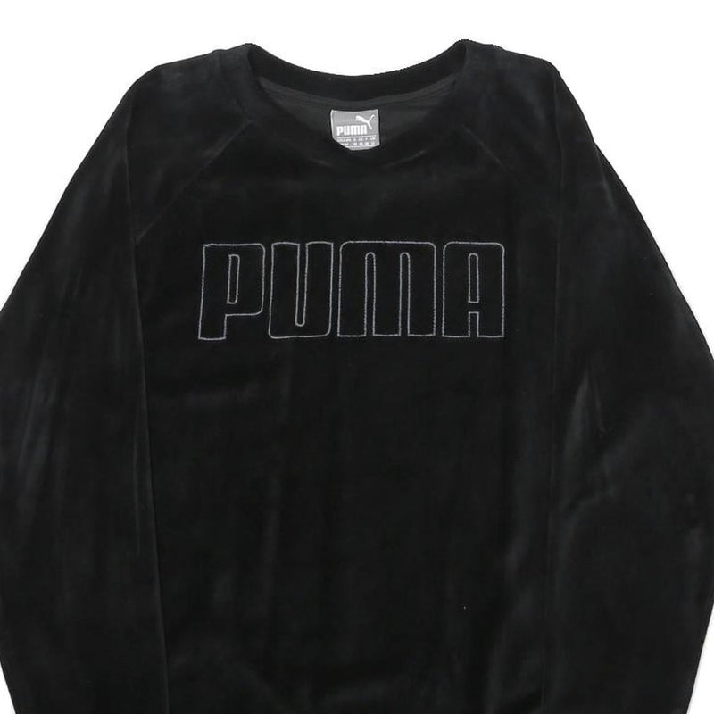 PUMA Womens Black Velvet Crew Neck UK 12 Sweatshirt Pullover Logo Embroidered