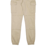 Mens Beige Cotton Blend Slim Cargo Trousers W26 L27 Zip Closure Elastic Hem