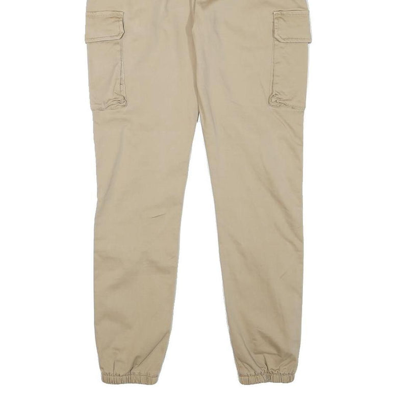 Mens Beige Cotton Blend Slim Cargo Trousers W26 L27 Zip Closure Elastic Hem