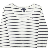 TOMMY HILFIGER Womens White & Navy Striped Jumper V-Neck Basic Knit XS Classic