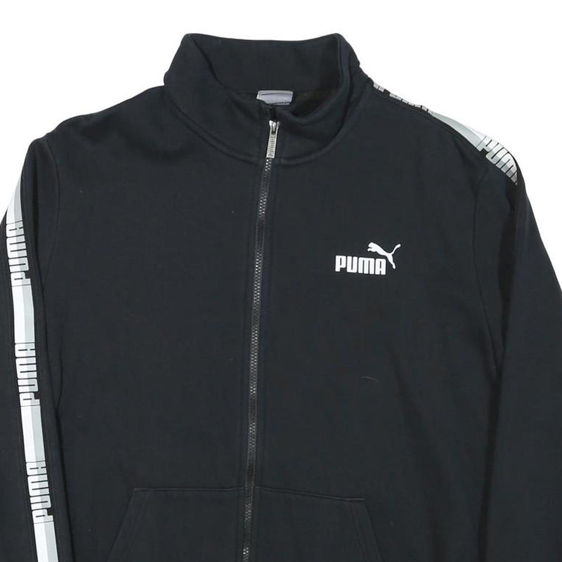PUMA Mens Black & White Sport Zip Cotton Blend Jacket L Logo Tape Stripe Casual