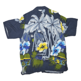 Mens Navy Blue Hawaiian Shirt M Cotton Blend Floral Palm Trees Cars Pattern