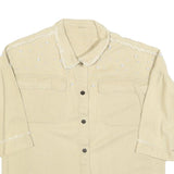 Womens Beige Cotton Blend Shirt M Button Front Frayed Hem Pearl Detail Relaxed
