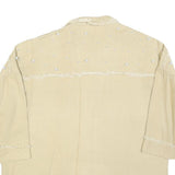 Womens Beige Cotton Blend Shirt M Button Front Frayed Hem Pearl Detail Relaxed