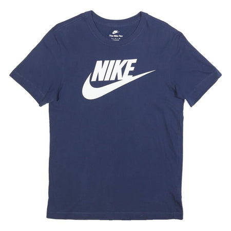 NIKE Mens Blue Cotton Blend T-Shirt S Short Sleeve Crew Neck Logo Graphic