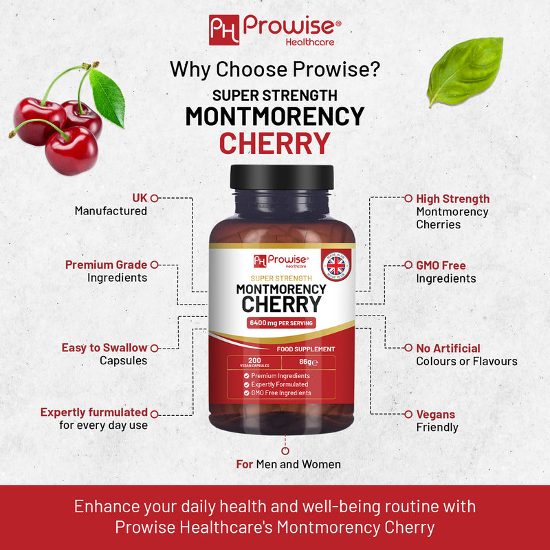 Montmorency Cherry 6400mg - 200 Tart Cherry Capsules - Natural Tart Cherry Extract Supplement for Men & Women – Super Strength, Gluten Free, Vegan and GMO Free - Made in the UK by Prowise