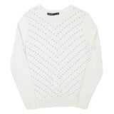 KAREN MILLEN Womens White Studded Plain Crew Neck Basic Knit Jumper S Elegant