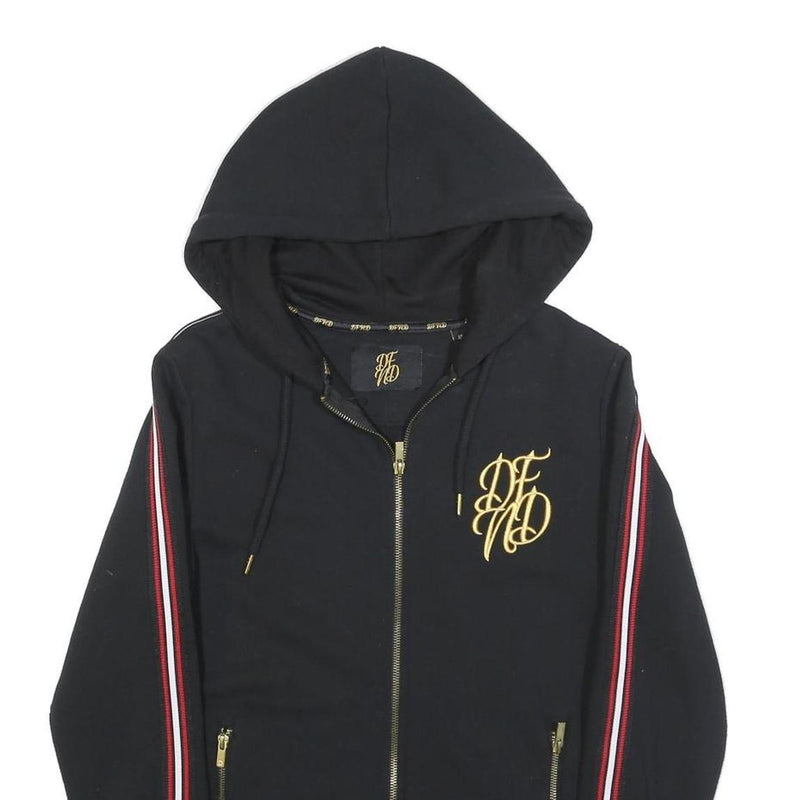 NFND Mens Black Zip Up Hoodie XS Gold Logo Striped Sleeve Cotton Blend