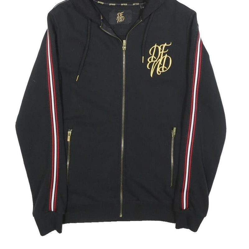 NFND Mens Black Zip Up Hoodie XS Gold Logo Striped Sleeve Cotton Blend