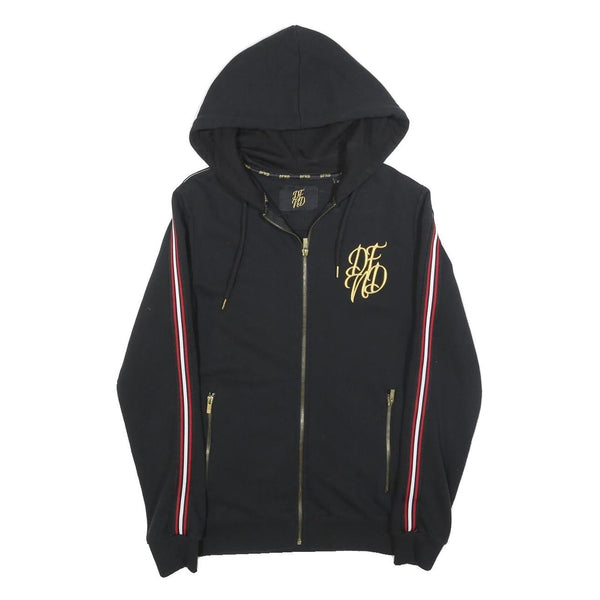 NFND Mens Black Zip Up Hoodie XS Gold Logo Striped Sleeve Cotton Blend