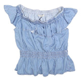 ALL SAINTS Womens Blue Cotton Blend Bardot Top L Ruffle Sleeve Casual