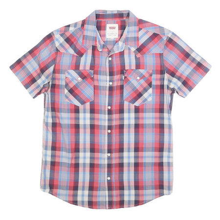 LEVI'S Mens Blue & Red Check Shirt S Short Sleeve Button Casual Cotton Blend