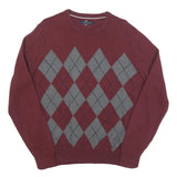 TOMMY HILFIGER Mens Maroon & Grey Patterned Jumper Crew Neck Cable Knit L Cotton